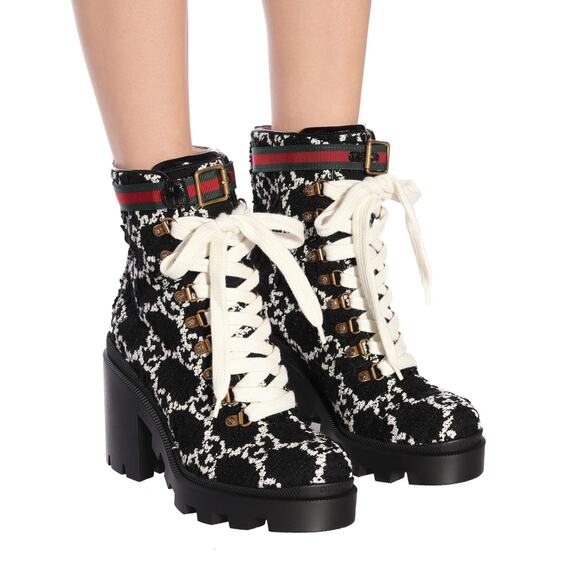 Gucci Black White GG Logo Tweed Lace Up Tie Block Heel Lug Sole Combat Boot 36.5 - Picture 7 of 16